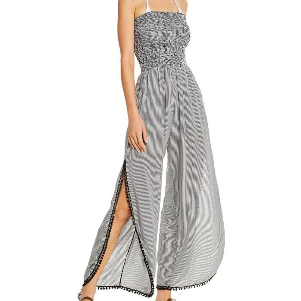 Peixoto Black & White Striped Strapless Wide-Leg Jumpsuit